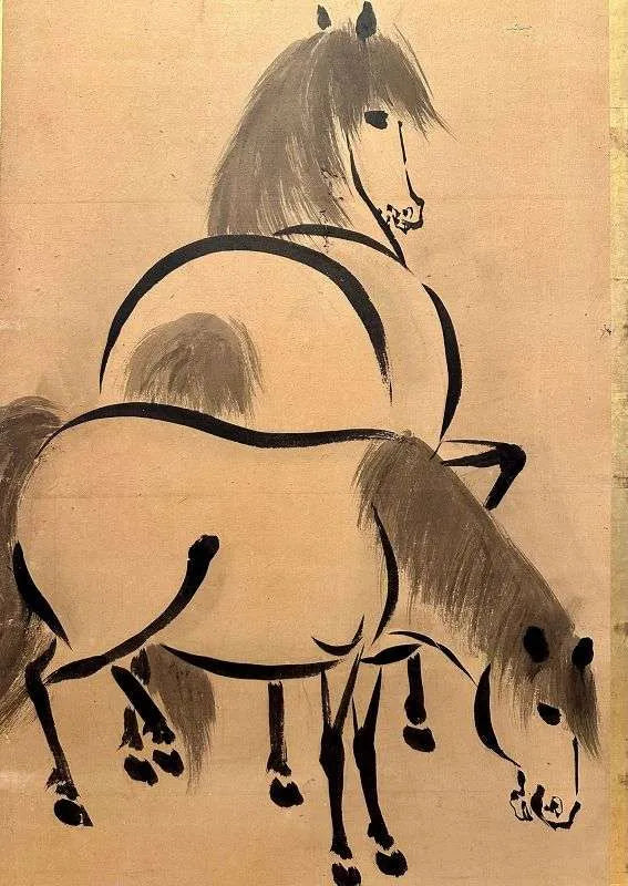 Japanese Two Panel Screen Sumi with Horses